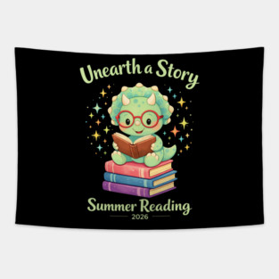 Unearth a Story Triceratops Dinosaur Reading Books Cute Dino Tapestry