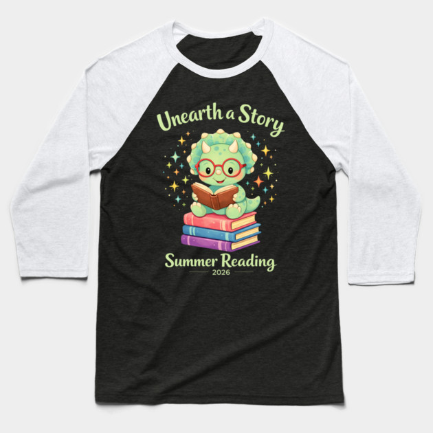Unearth a Story Triceratops Dinosaur Reading Books Cute Dino Baseball T-Shirt by shirtlux