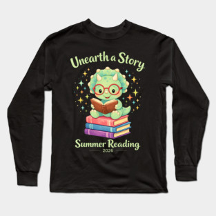 Unearth a Story Triceratops Dinosaur Reading Books Cute Dino Long Sleeve T-Shirt