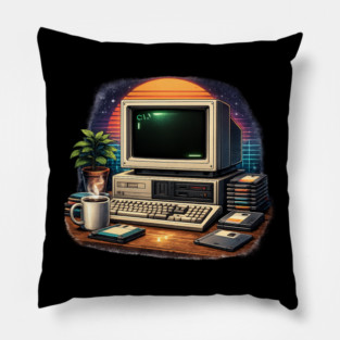 Retro 80s Computer Setup – Vintage Tech Nostalgia Pillow