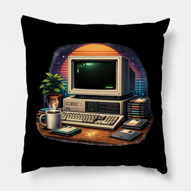 Retro 80s Computer Setup – Vintage Tech Nostalgia Pillow by CrazyGirl