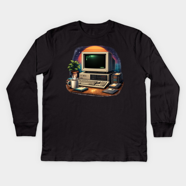 Retro 80s Computer Setup – Vintage Tech Nostalgia Kids Long Sleeve T-Shirt by CrazyGirl
