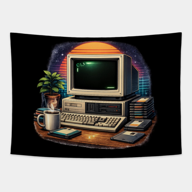 Retro 80s Computer Setup – Vintage Tech Nostalgia Tapestry by CrazyGirl