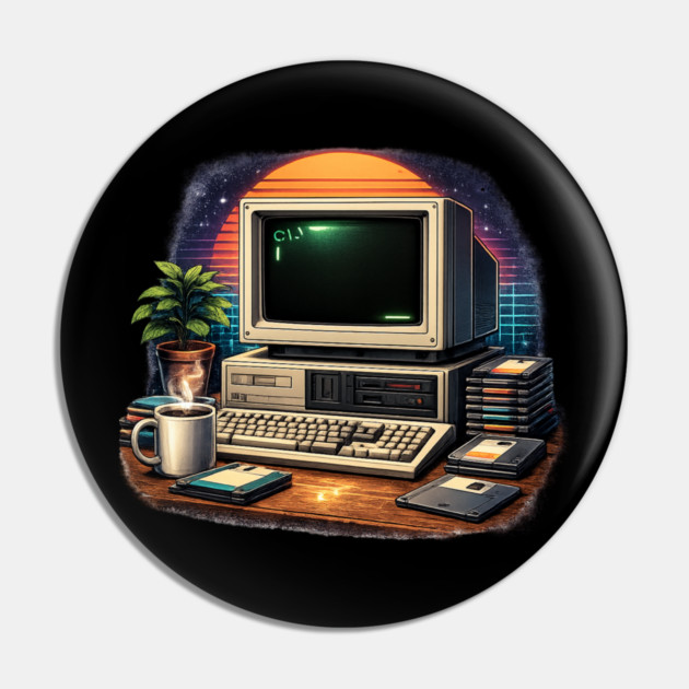 Retro 80s Computer Setup – Vintage Tech Nostalgia Pin by CrazyGirl