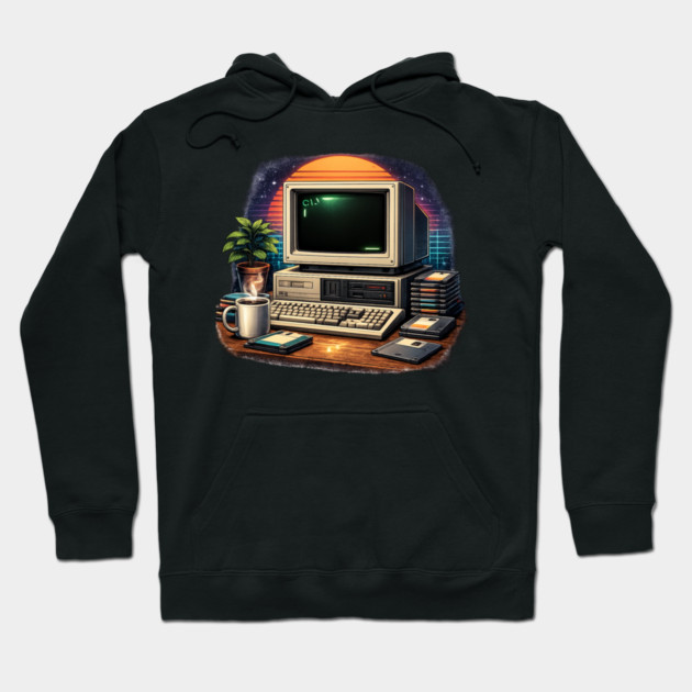 Retro 80s Computer Setup – Vintage Tech Nostalgia Hoodie by CrazyGirl