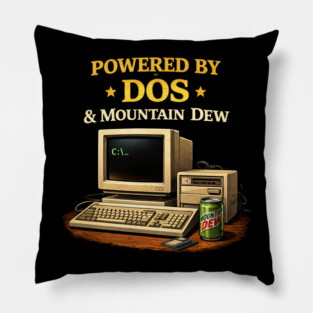 Powered by DOS & Mountain Dew – Retro Programmer Humor Pillow