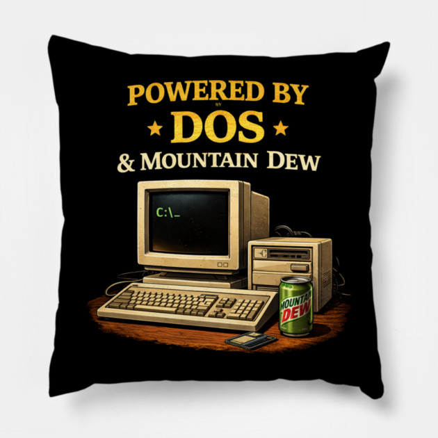 Powered by DOS & Mountain Dew – Retro Programmer Humor Pillow by CrazyGirl