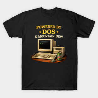 Powered by DOS & Mountain Dew – Retro Programmer Humor T-Shirt