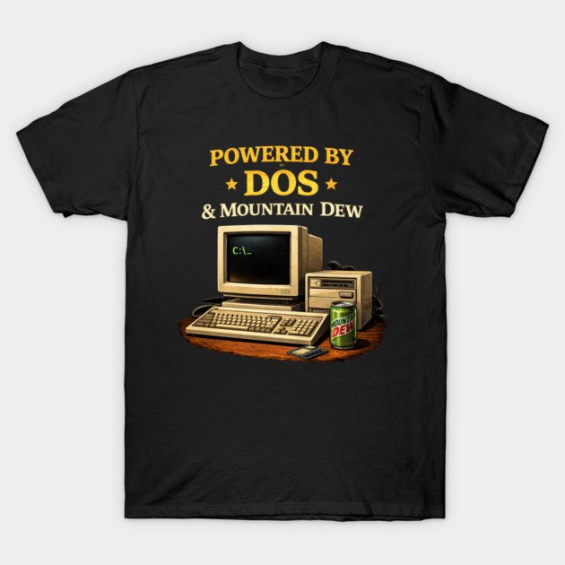 Powered by DOS & Mountain Dew – Retro Programmer Humor T-Shirt by CrazyGirl