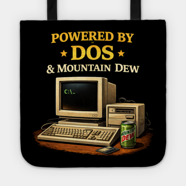 Powered by DOS & Mountain Dew – Retro Programmer Humor Tote by CrazyGirl