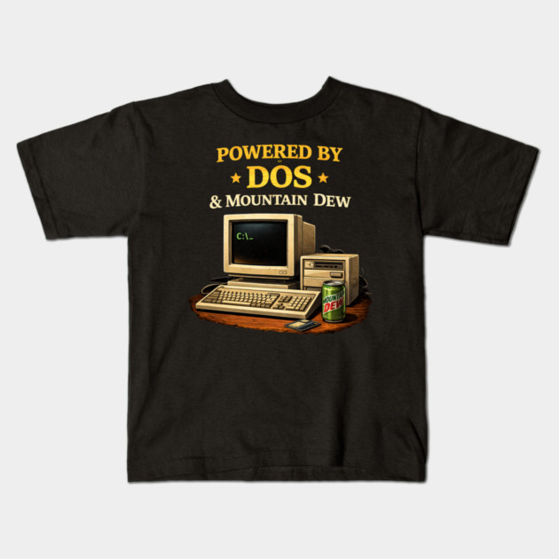 Powered by DOS & Mountain Dew – Retro Programmer Humor Kids T-Shirt by CrazyGirl