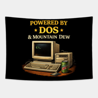 Powered by DOS & Mountain Dew – Retro Programmer Humor Tapestry