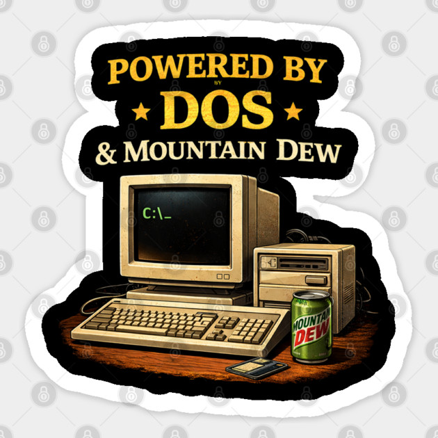 Powered by DOS & Mountain Dew – Retro Programmer Humor Sticker by CrazyGirl