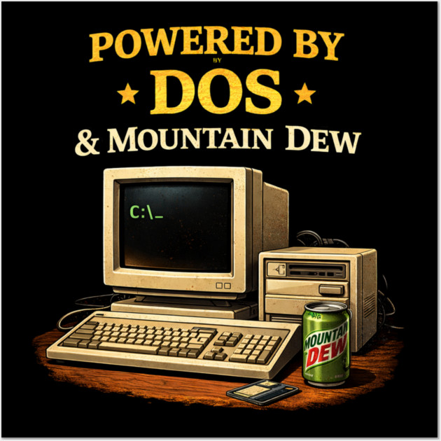 Powered by DOS & Mountain Dew – Retro Programmer Humor Wall Art by CrazyGirl