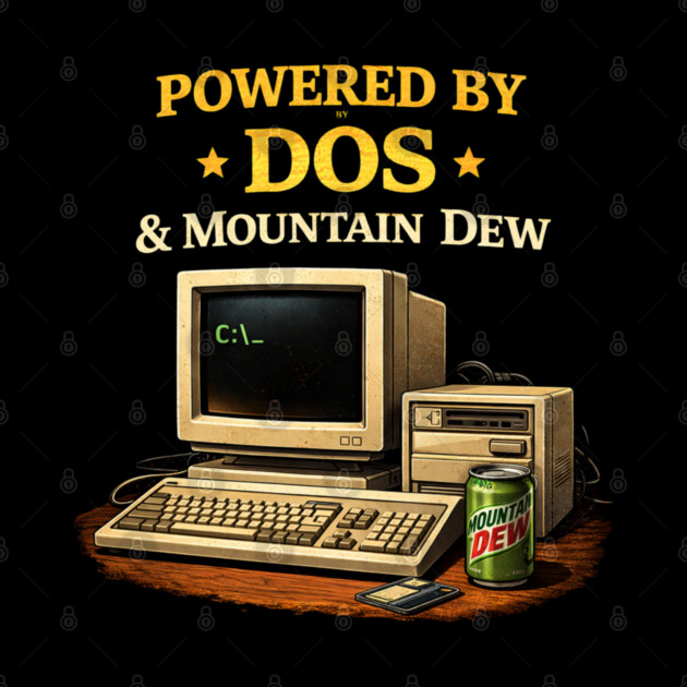 Powered by DOS & Mountain Dew – Retro Programmer Humor by CrazyGirl