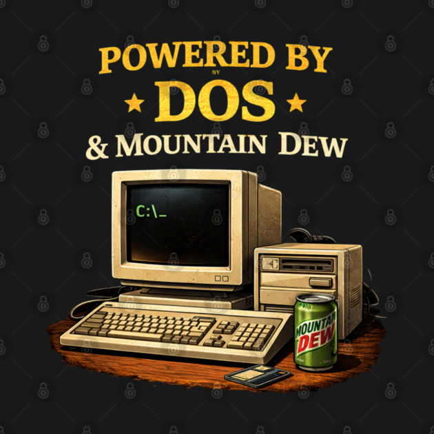Powered by DOS & Mountain Dew – Retro Programmer Humor by CrazyGirl