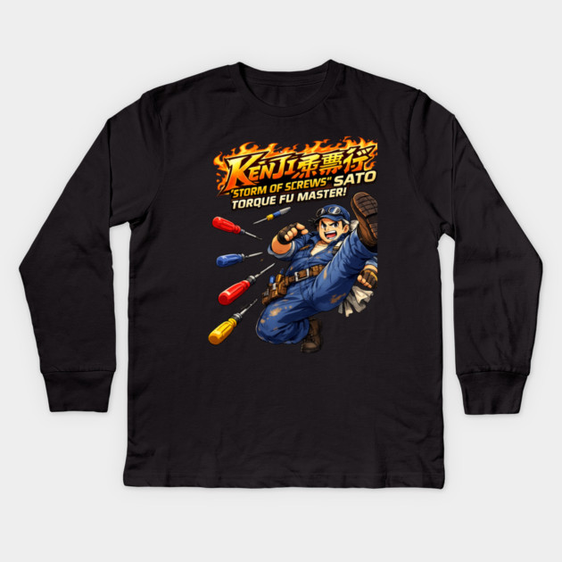 Kenji “Storm of Screws” Sato – Torque Fu Master Kids Long Sleeve T-Shirt by CrazyGirl