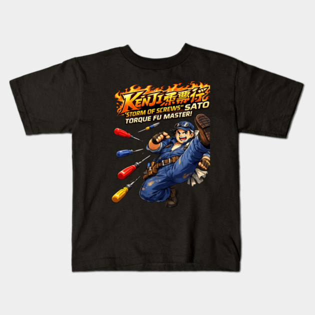 Kenji “Storm of Screws” Sato – Torque Fu Master Kids T-Shirt by CrazyGirl