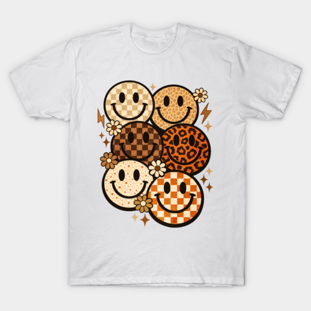 Retro Leopard Checkered Smiley Faces Groovy Boho Happy Vibes T-Shirt by shirtlux