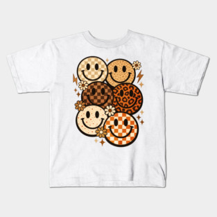 Retro Leopard Checkered Smiley Faces Groovy Boho Happy Vibes Kids T-Shirt