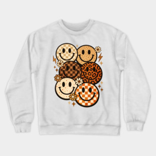 Retro Leopard Checkered Smiley Faces Groovy Boho Happy Vibes Crewneck Sweatshirt