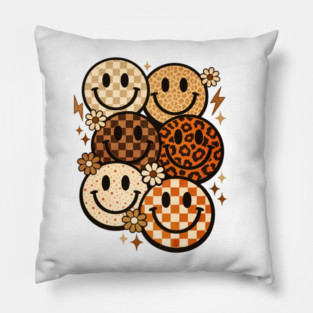 Retro Leopard Checkered Smiley Faces Groovy Boho Happy Vibes Pillow