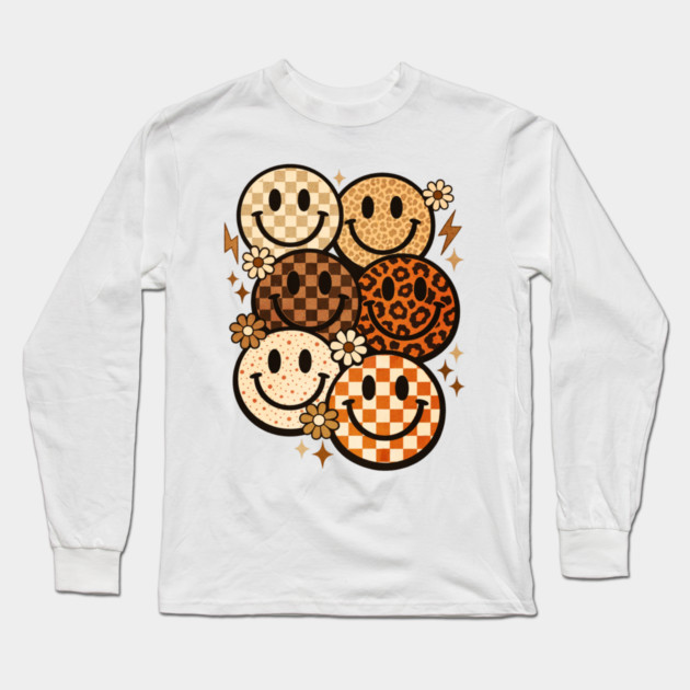 Retro Leopard Checkered Smiley Faces Groovy Boho Happy Vibes Long Sleeve T-Shirt by shirtlux