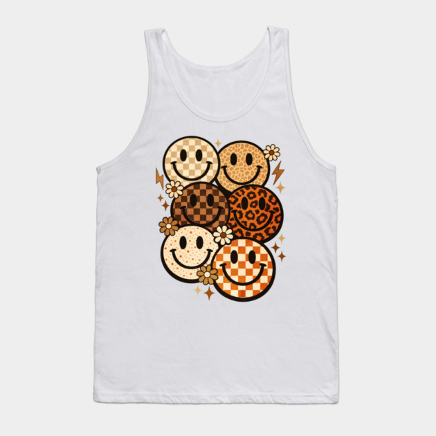 Retro Leopard Checkered Smiley Faces Groovy Boho Happy Vibes Tank Top by shirtlux