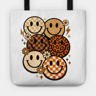 Retro Leopard Checkered Smiley Faces Groovy Boho Happy Vibes Tote