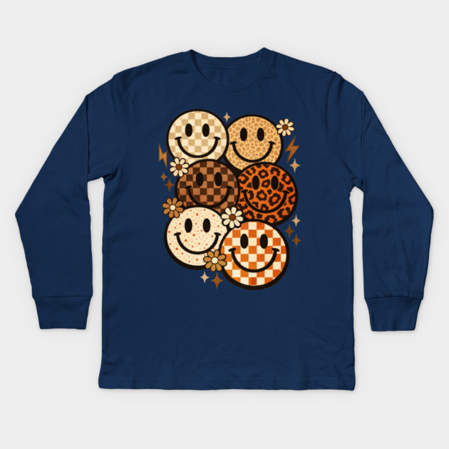Retro Leopard Checkered Smiley Faces Groovy Boho Happy Vibes Kids Long Sleeve T-Shirt by shirtlux