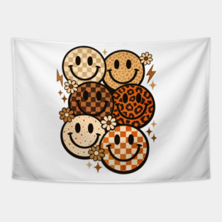 Retro Leopard Checkered Smiley Faces Groovy Boho Happy Vibes Tapestry