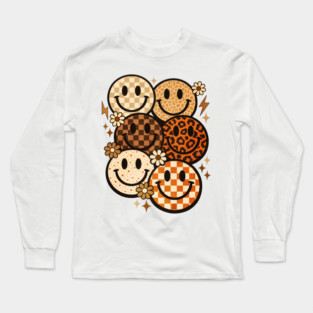 Retro Leopard Checkered Smiley Faces Groovy Boho Happy Vibes Long Sleeve T-Shirt