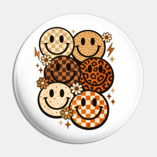 Retro Leopard Checkered Smiley Faces Groovy Boho Happy Vibes Pin