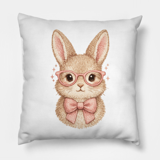 Cute Easter Bunny Glasses Pink Bow Coquette Spring Vibes Pillow by shirtlux