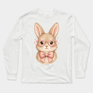 Cute Easter Bunny Glasses Pink Bow Coquette Spring Vibes Long Sleeve T-Shirt