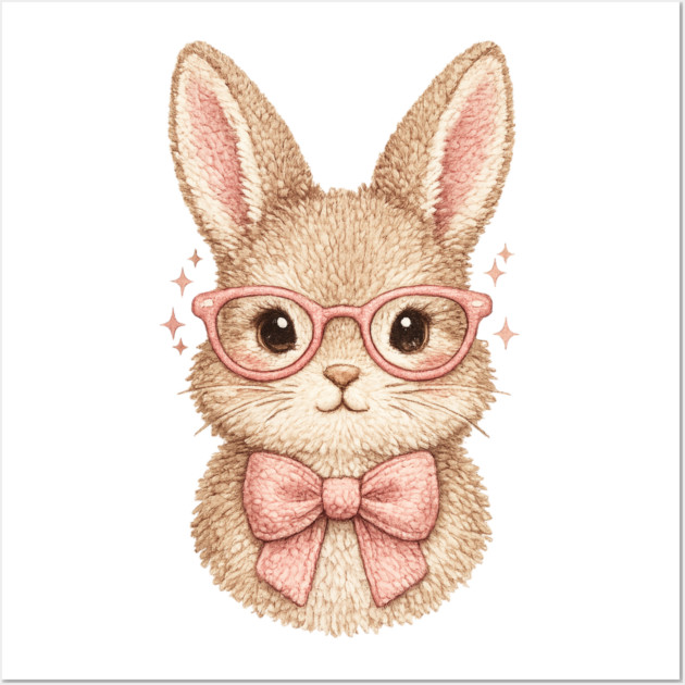 Cute Easter Bunny Glasses Pink Bow Coquette Spring Vibes Wall Art by shirtlux