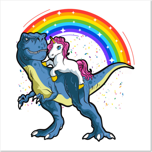 Unicorn Riding a T-Rex Dinosaur Funny Wall Art by creative