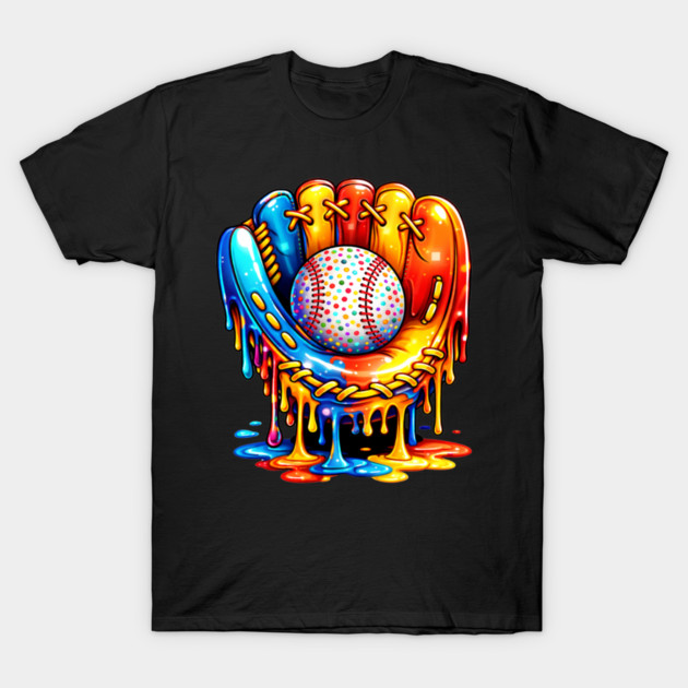 Retro Colorful Dripping Baseball Glove Confetti Ball Baseball Lover T-Shirt by shirtlux
