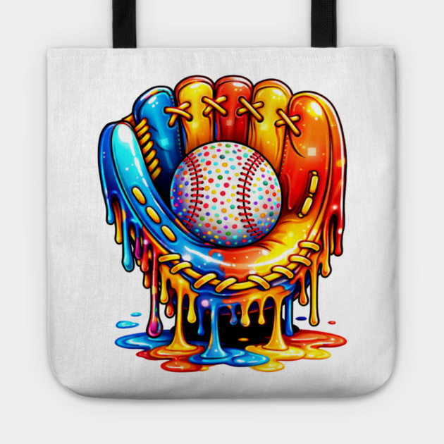 Retro Colorful Dripping Baseball Glove Confetti Ball Baseball Lover Tote by shirtlux