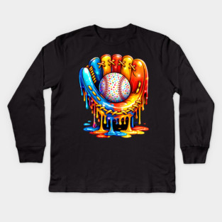 Retro Colorful Dripping Baseball Glove Confetti Ball Baseball Lover Kids Long Sleeve T-Shirt