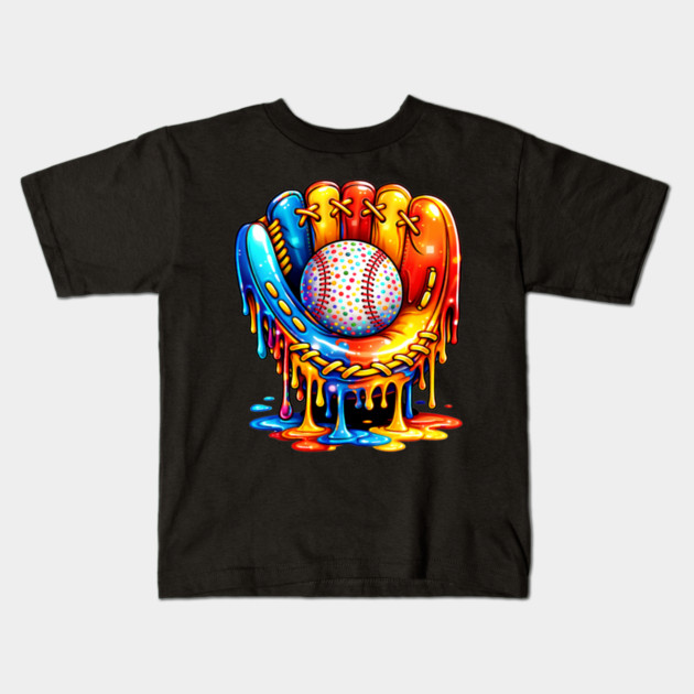 Retro Colorful Dripping Baseball Glove Confetti Ball Baseball Lover Kids T-Shirt by shirtlux