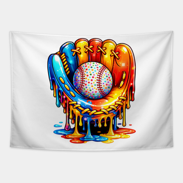 Retro Colorful Dripping Baseball Glove Confetti Ball Baseball Lover Tapestry by shirtlux