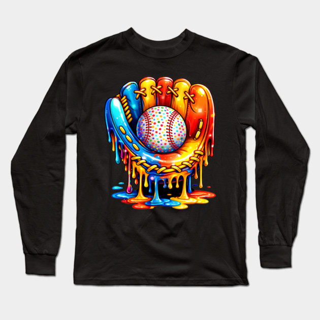 Retro Colorful Dripping Baseball Glove Confetti Ball Baseball Lover Long Sleeve T-Shirt by shirtlux