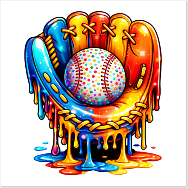 Retro Colorful Dripping Baseball Glove Confetti Ball Baseball Lover Wall Art by shirtlux