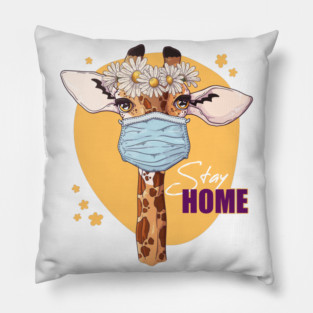 Stay Home Giraffe Wearing a Face Mask Pillow
