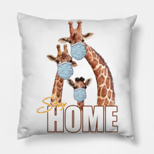 Stay Home Giraffe Family Wearing a Face Mask Pillow