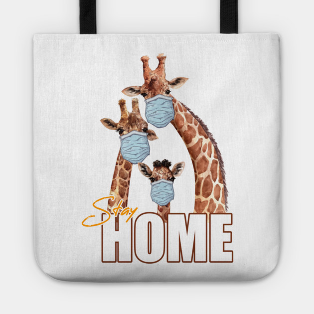 Stay Home Giraffe Family Wearing a Face Mask Tote by creative