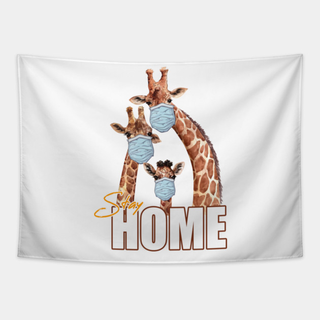 Stay Home Giraffe Family Wearing a Face Mask Tapestry by creative