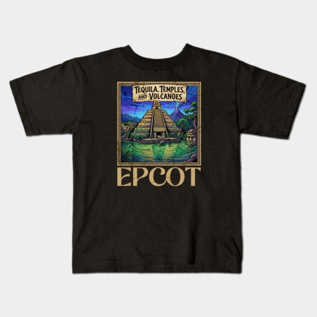 Mexico Pavilion at Epcot Tequila, Temples, and Volcanoes Kids T-Shirt by Joaddo
