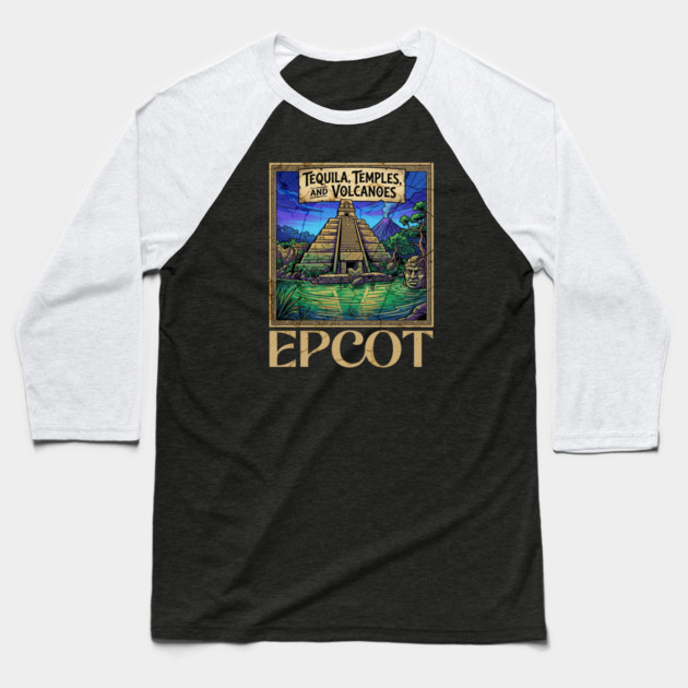 Mexico Pavilion at Epcot Tequila, Temples, and Volcanoes Baseball T-Shirt by Joaddo